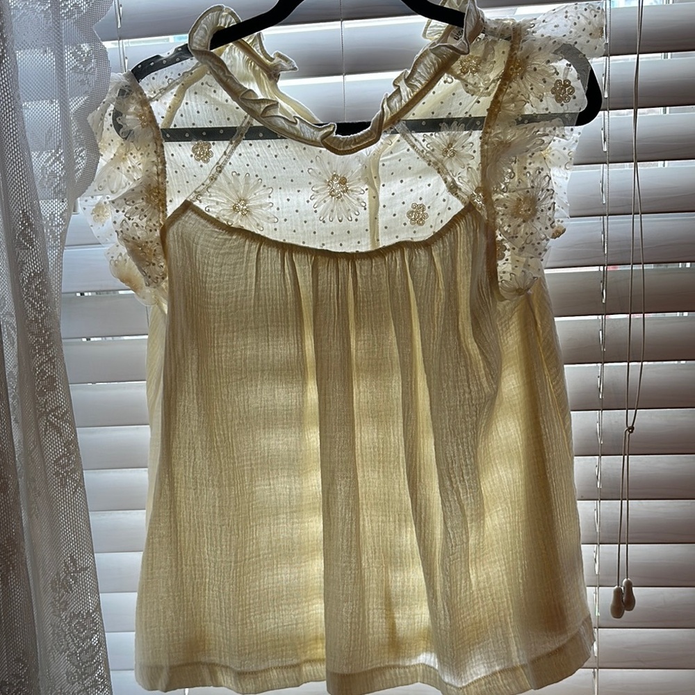 Tan Ruffled Cap Sleeve Blouse with Bib Collar